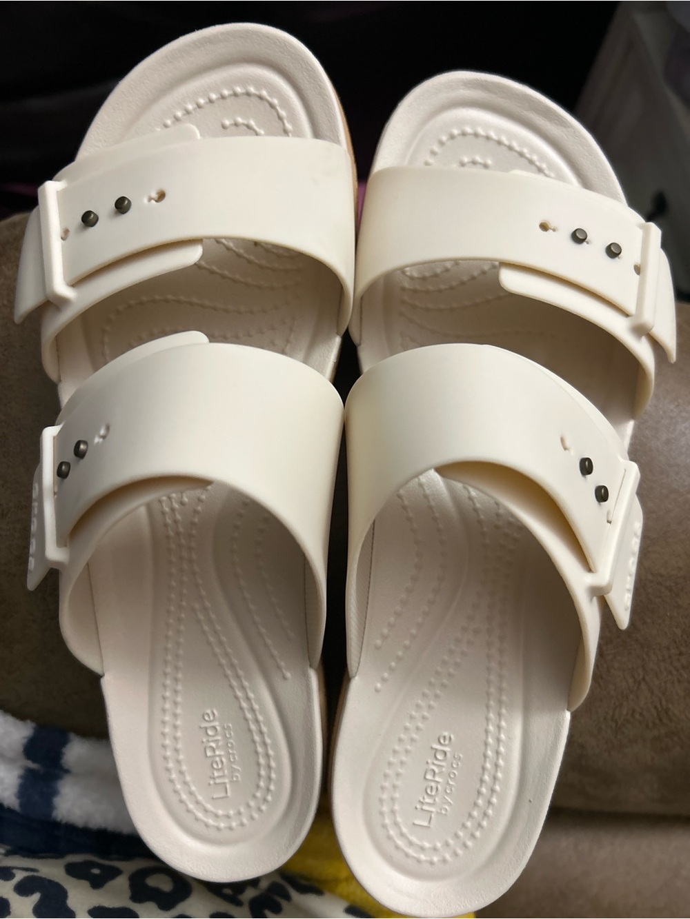CROCS Women's Cream Adjustable Double-Strap Wedge Slides